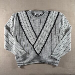 Vtg Gabrielle Sweater Men's Large Gray Cable Knit V Pattern Acrylic 80s 90s